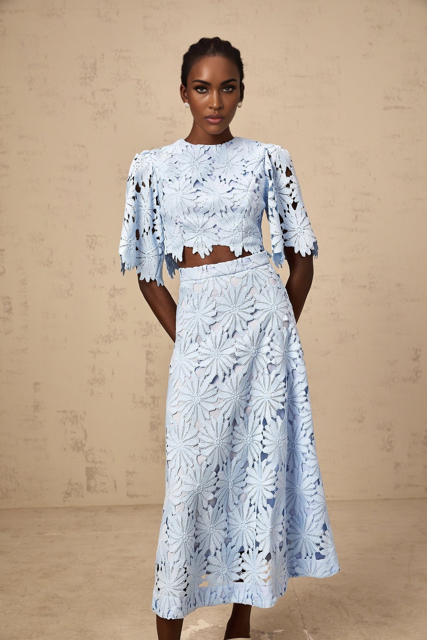Frances Skirt & Top Set - Stylish Floral Embroidery - Cut - Out Detailing - Scallop Trim - Cropped Design