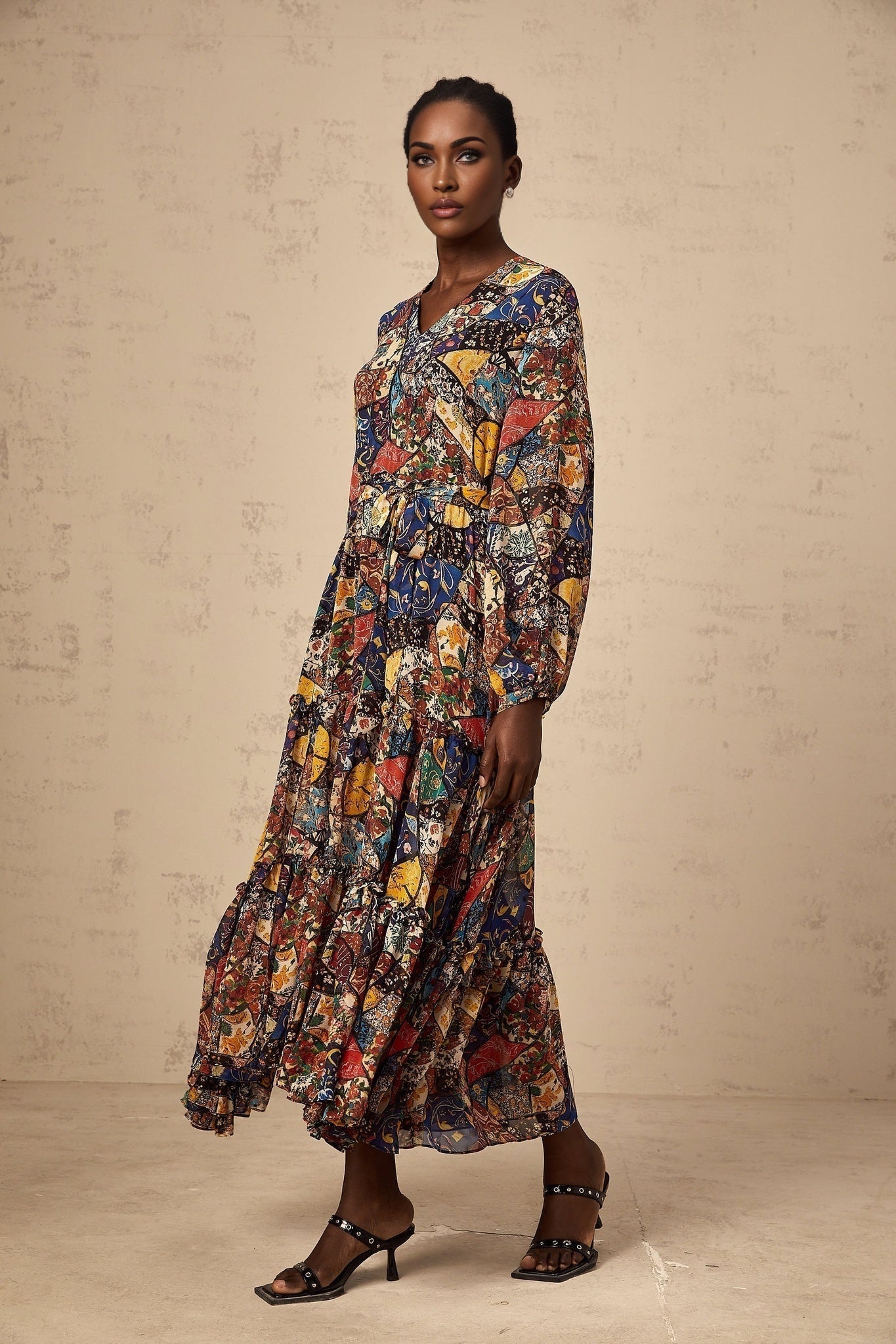 Francesca Bohemian Midi Dress - V - neck - Tied Waist - Graphic Print - Shirring Detailing