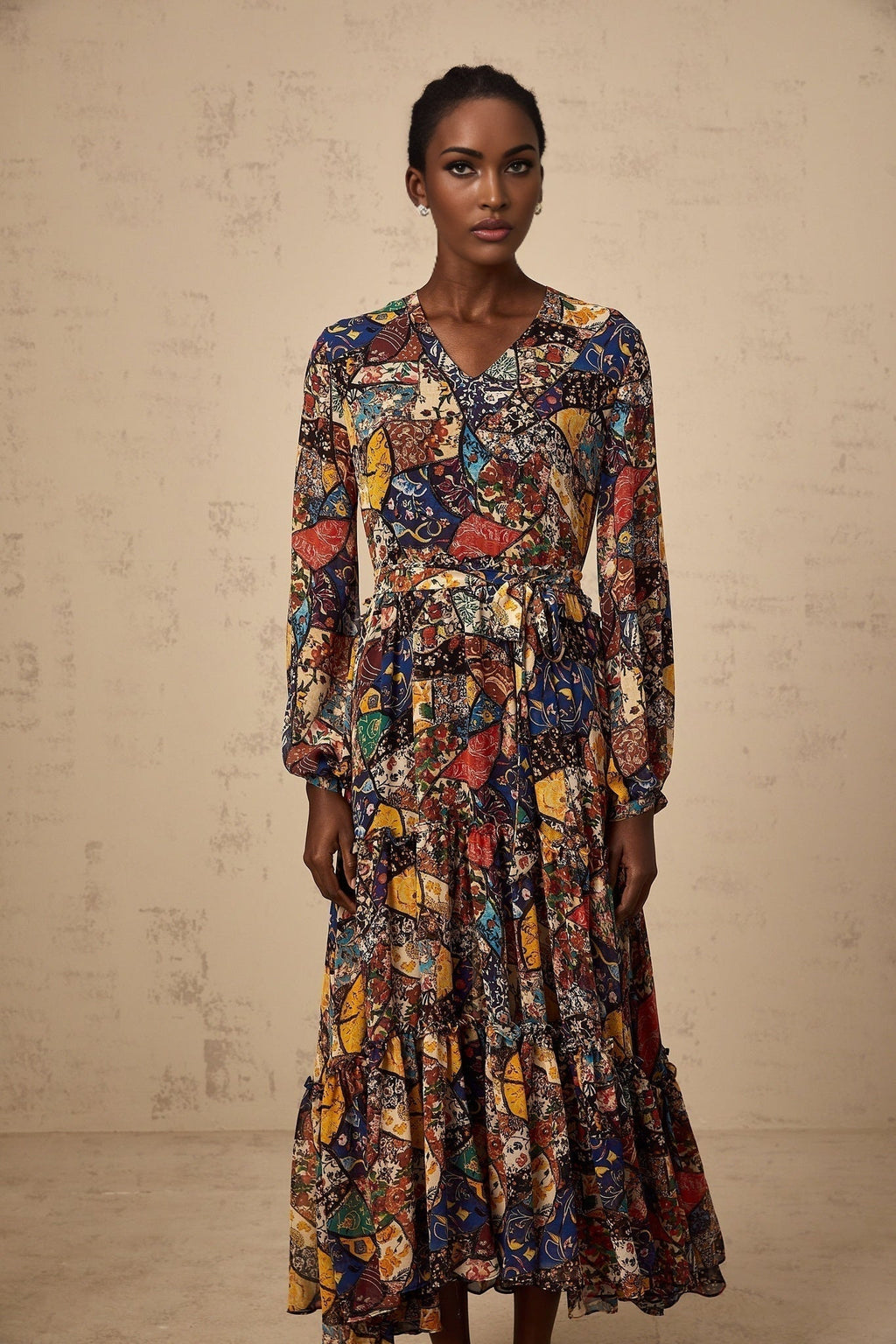 Francesca Bohemian Midi Dress - V - neck - Tied Waist - Graphic Print - Shirring Detailing