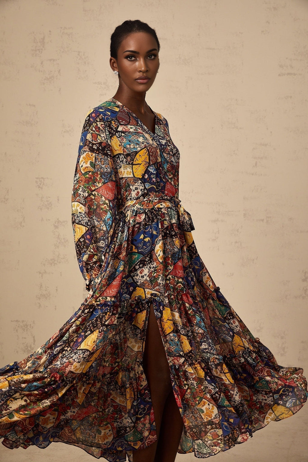 Francesca Bohemian Midi Dress - V - neck - Tied Waist - Graphic Print - Shirring Detailing