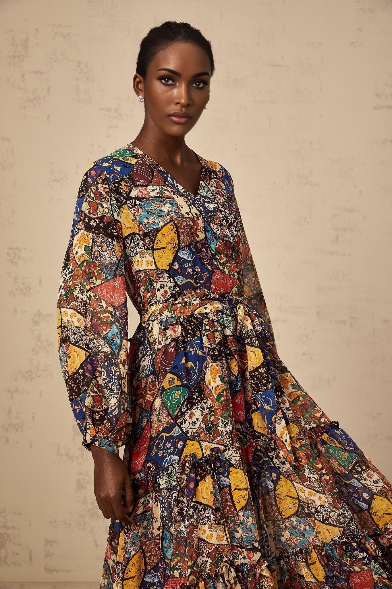 Francesca Bohemian Midi Dress - V - neck - Tied Waist - Graphic Print - Shirring Detailing