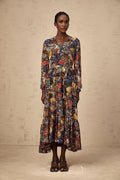 Francesca Bohemian Midi Dress - V - neck - Tied Waist - Graphic Print - Shirring Detailing
