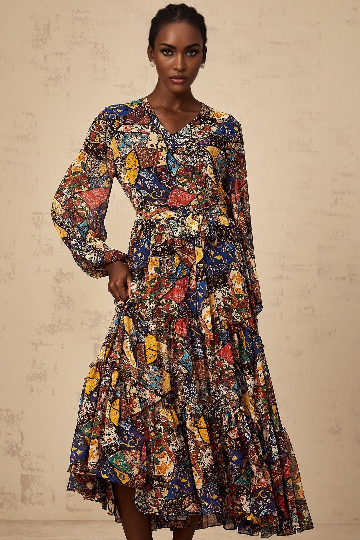 Francesca Bohemian Midi Dress - V - neck - Tied Waist - Graphic Print - Shirring Detailing