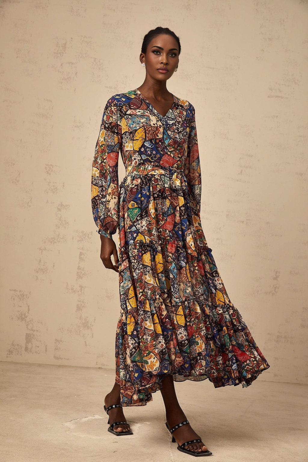 Francesca Bohemian Midi Dress - V - neck - Tied Waist - Graphic Print - Shirring Detailing