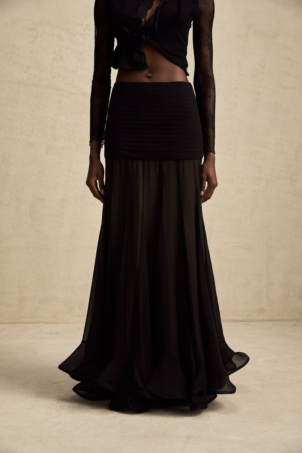 Francesca Maxi Dress - Tulle Fabric with Pleat Detailing - Ruched Design - Ruffled Hem and Concealed Rear Zip Fastening
