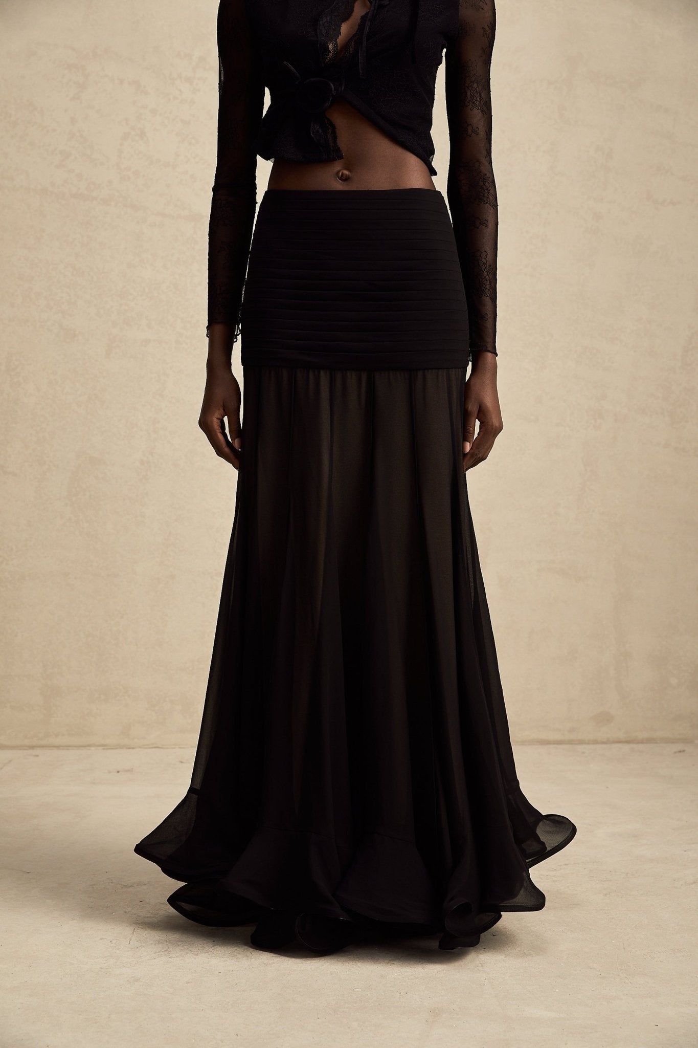Francesca Maxi Dress - Tulle Fabric with Pleat Detailing - Ruched Design - Ruffled Hem and Concealed Rear Zip Fastening