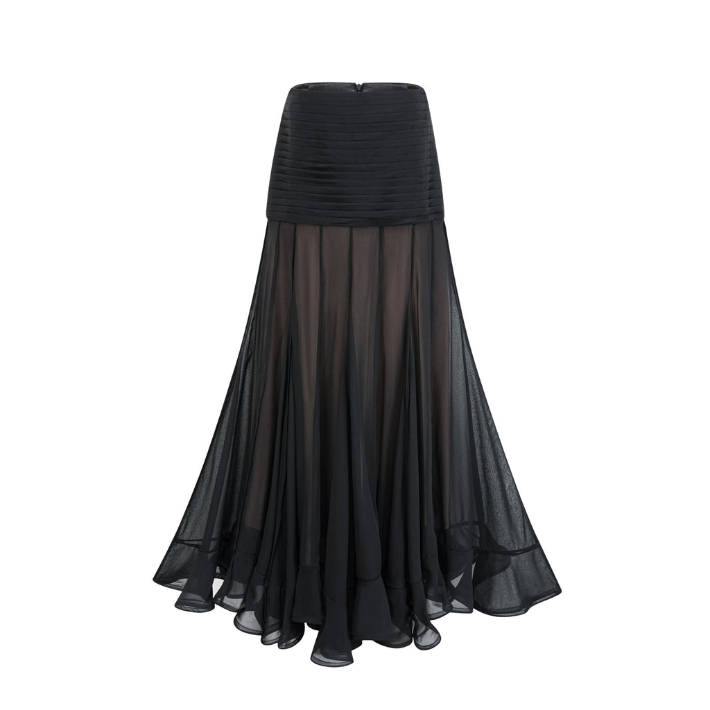 Francesca Maxi Dress - Tulle Fabric with Pleat Detailing - Ruched Design - Ruffled Hem and Concealed Rear Zip Fastening