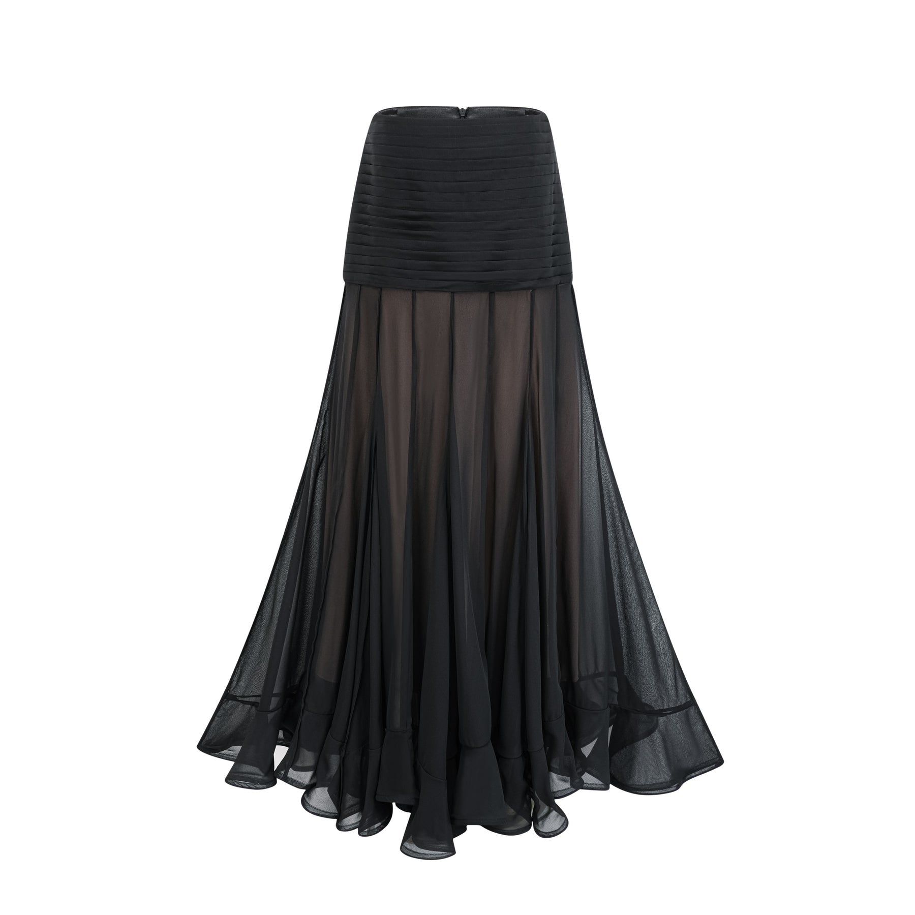 Francesca Maxi Dress - Tulle Fabric with Pleat Detailing - Ruched Design - Ruffled Hem and Concealed Rear Zip Fastening