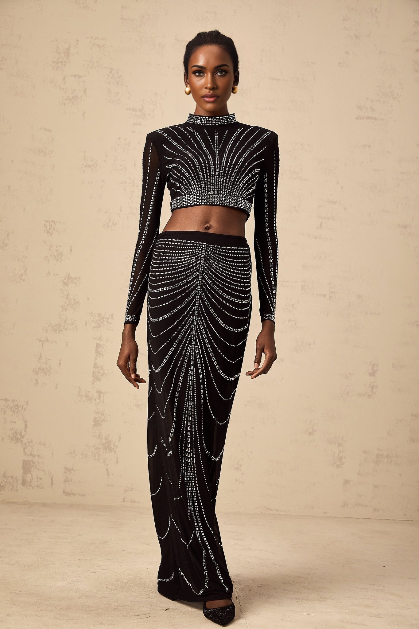 Francesca Skirt & Top Set - Mesh - Rhinestone Embellishment - Long Sleeve - Maxi Length