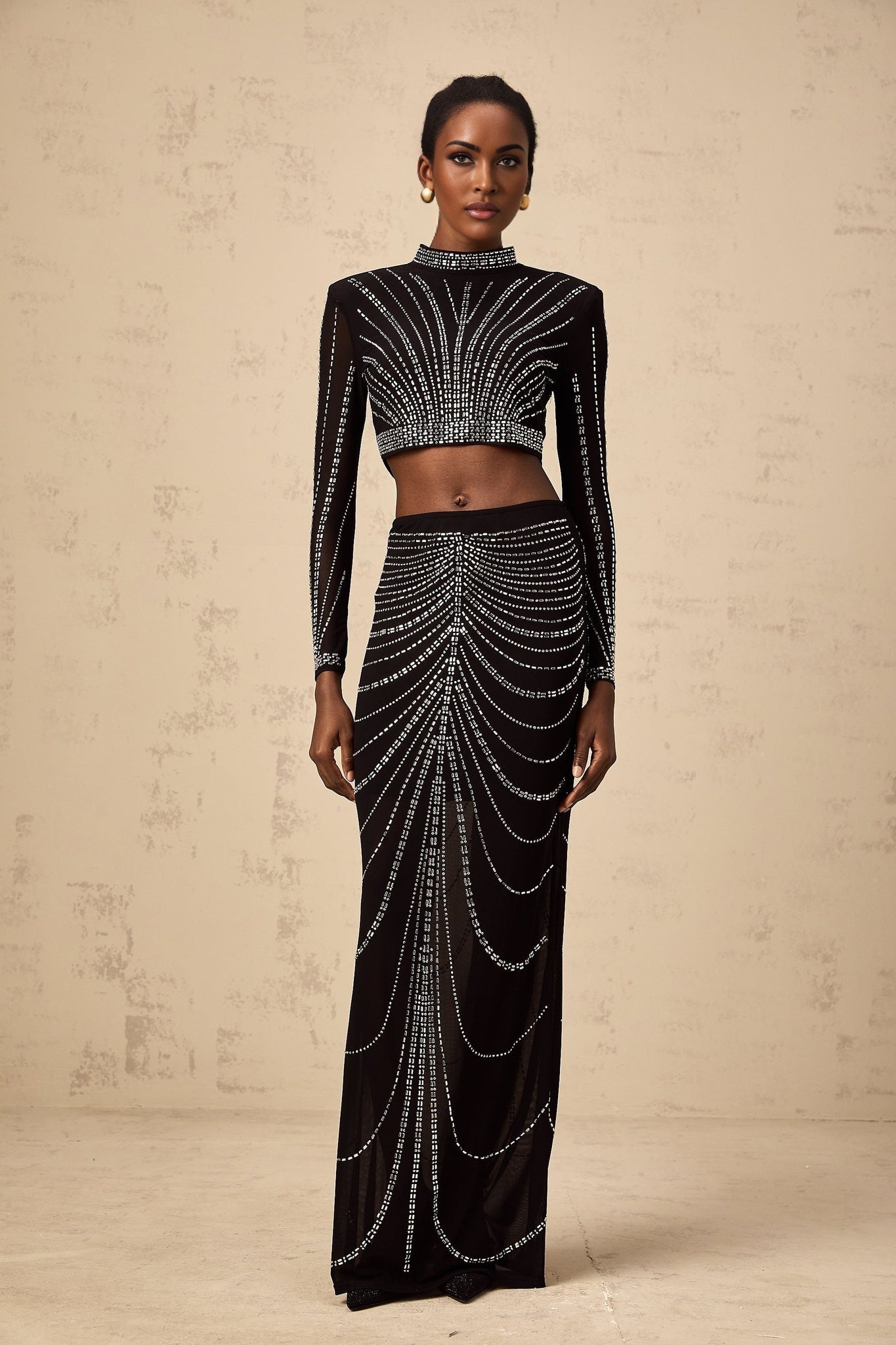 Francesca Skirt & Top Set - Mesh - Rhinestone Embellishment - Long Sleeve - Maxi Length