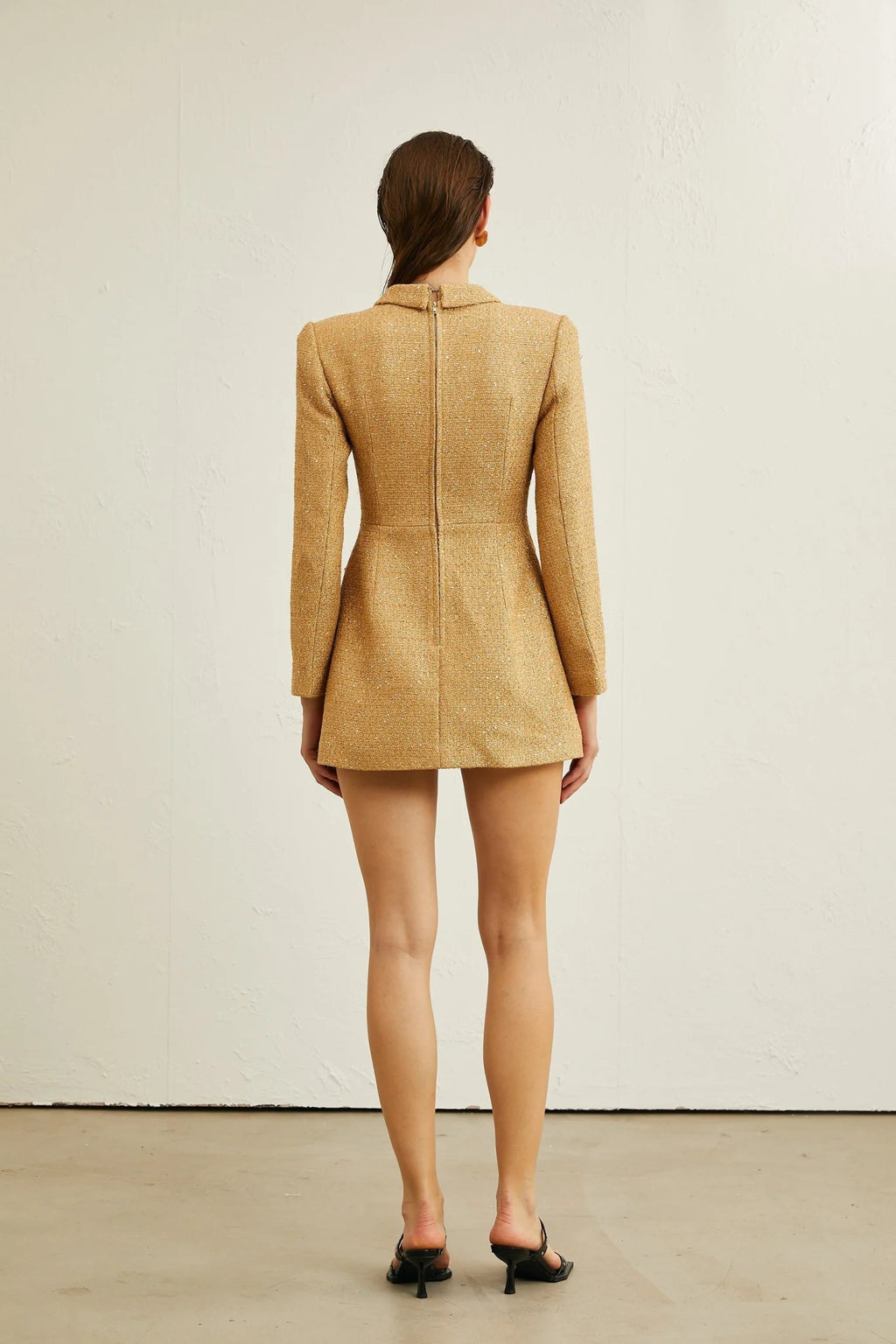 Franceschina Long Sleeve Mini Dress - Tweed - Classic Collar - Embossed Buttons - Front Pockets