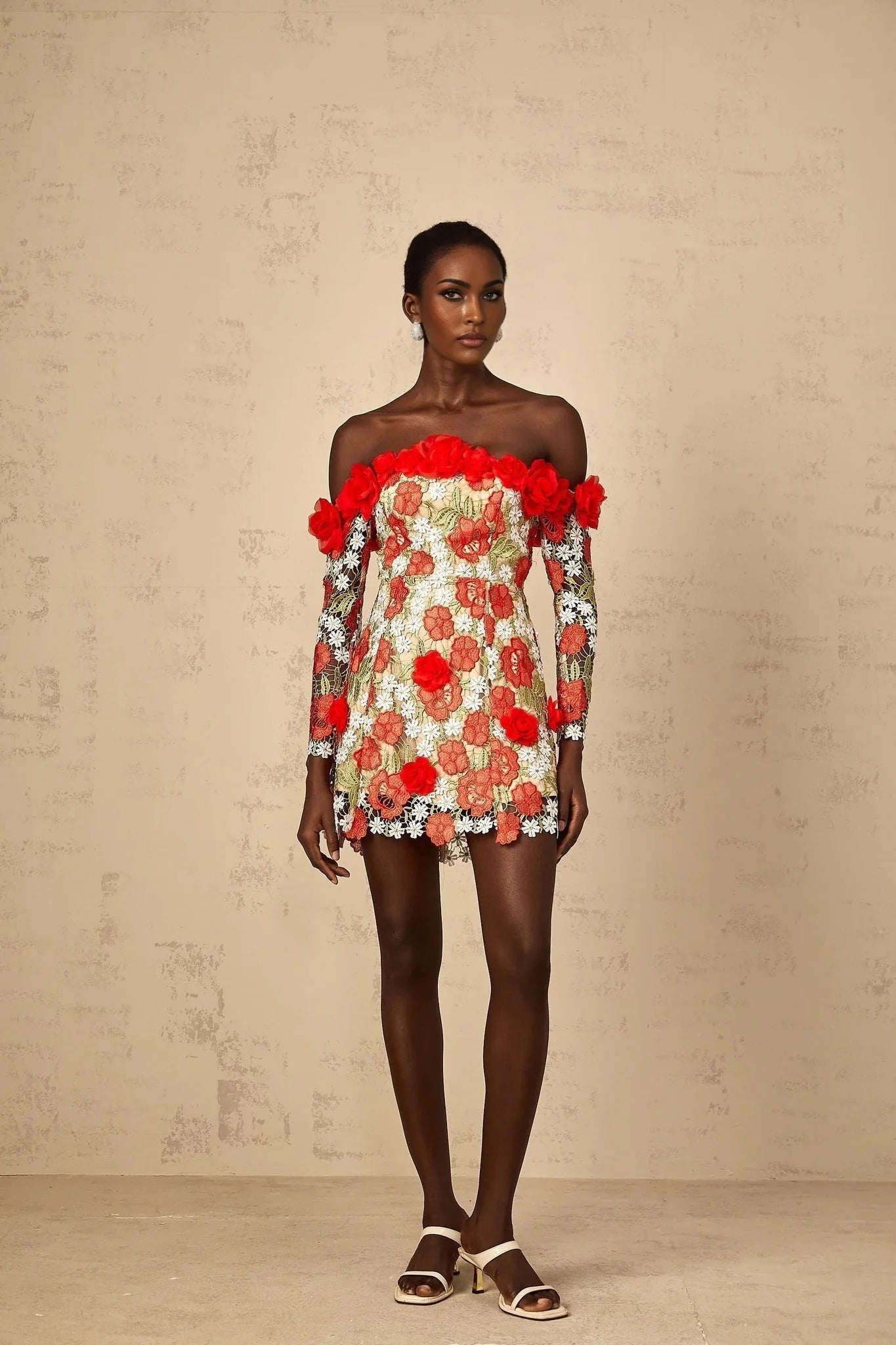 Franceschina Mini Dress Red Rose Appliqu & 3D Petal Embroidery