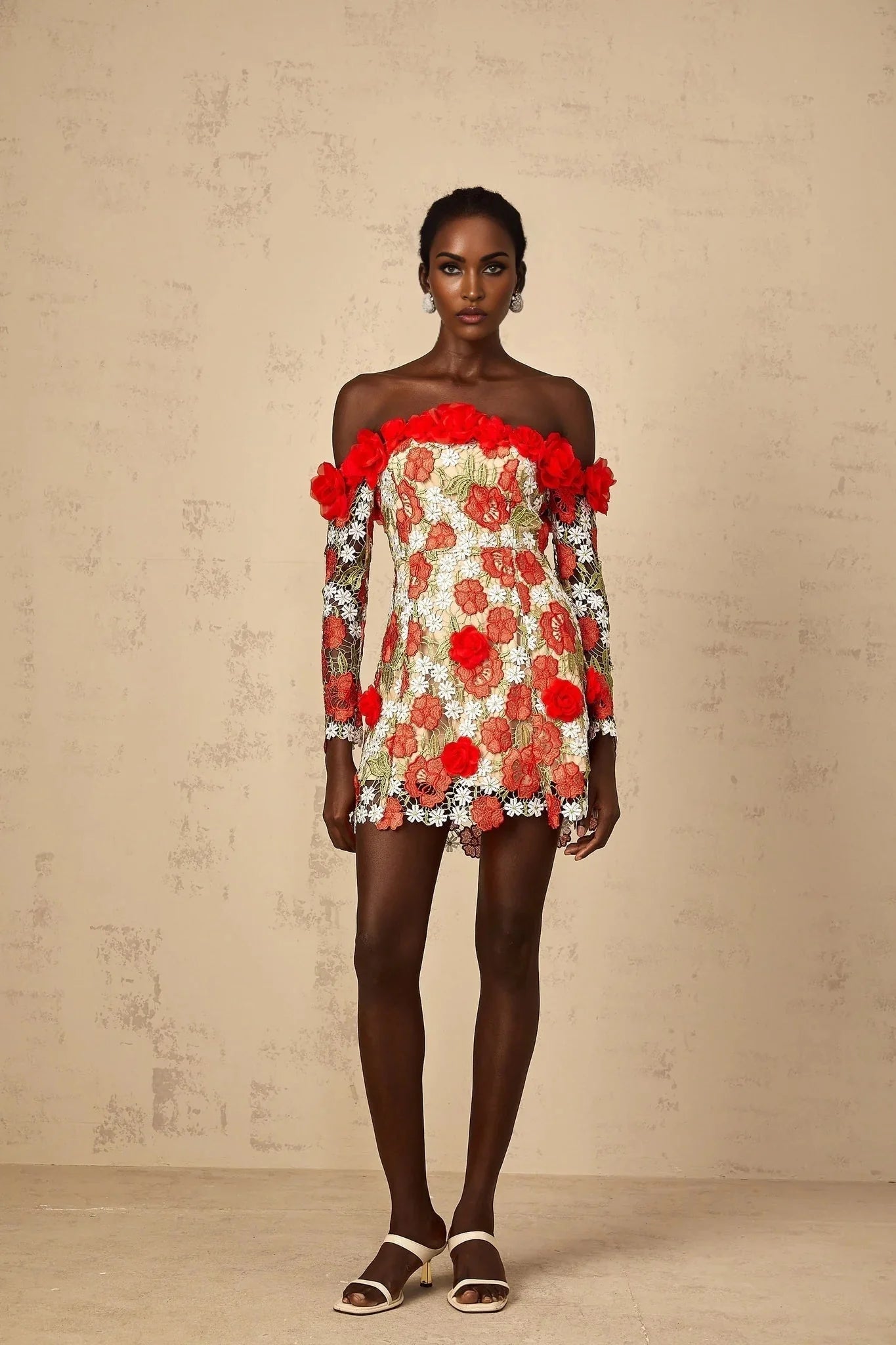 Franceschina Mini Dress Red Rose Appliqu & 3D Petal Embroidery