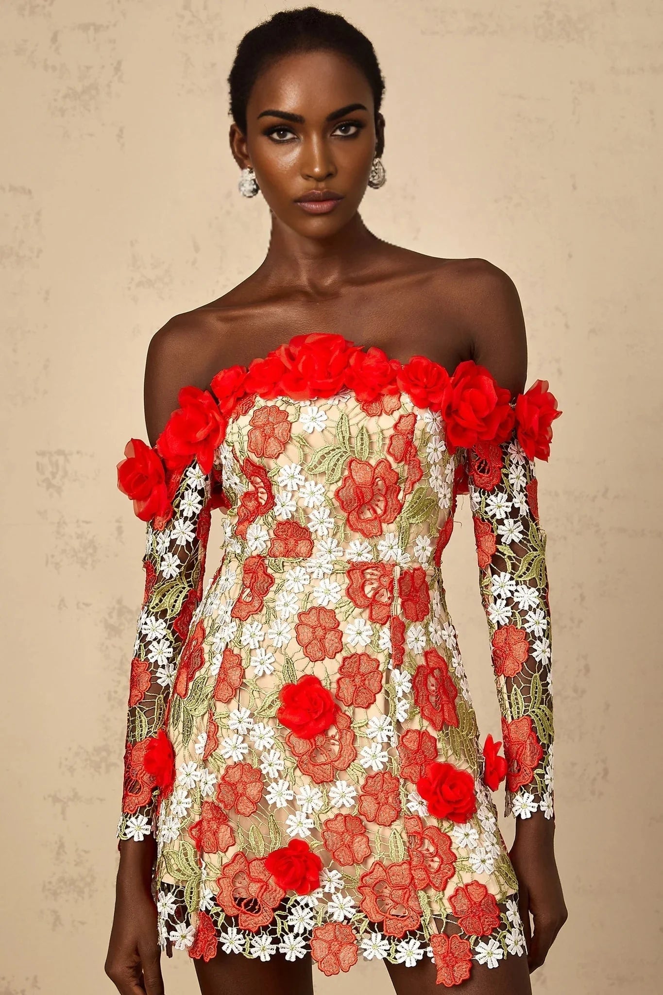 Franceschina Mini Dress Red Rose Appliqu & 3D Petal Embroidery