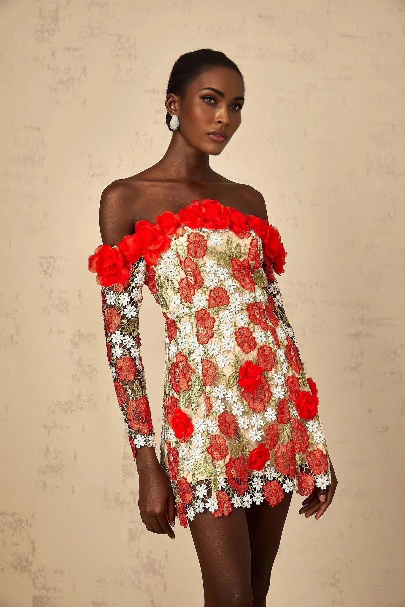 Franceschina Mini Dress Red Rose Appliqu & 3D Petal Embroidery