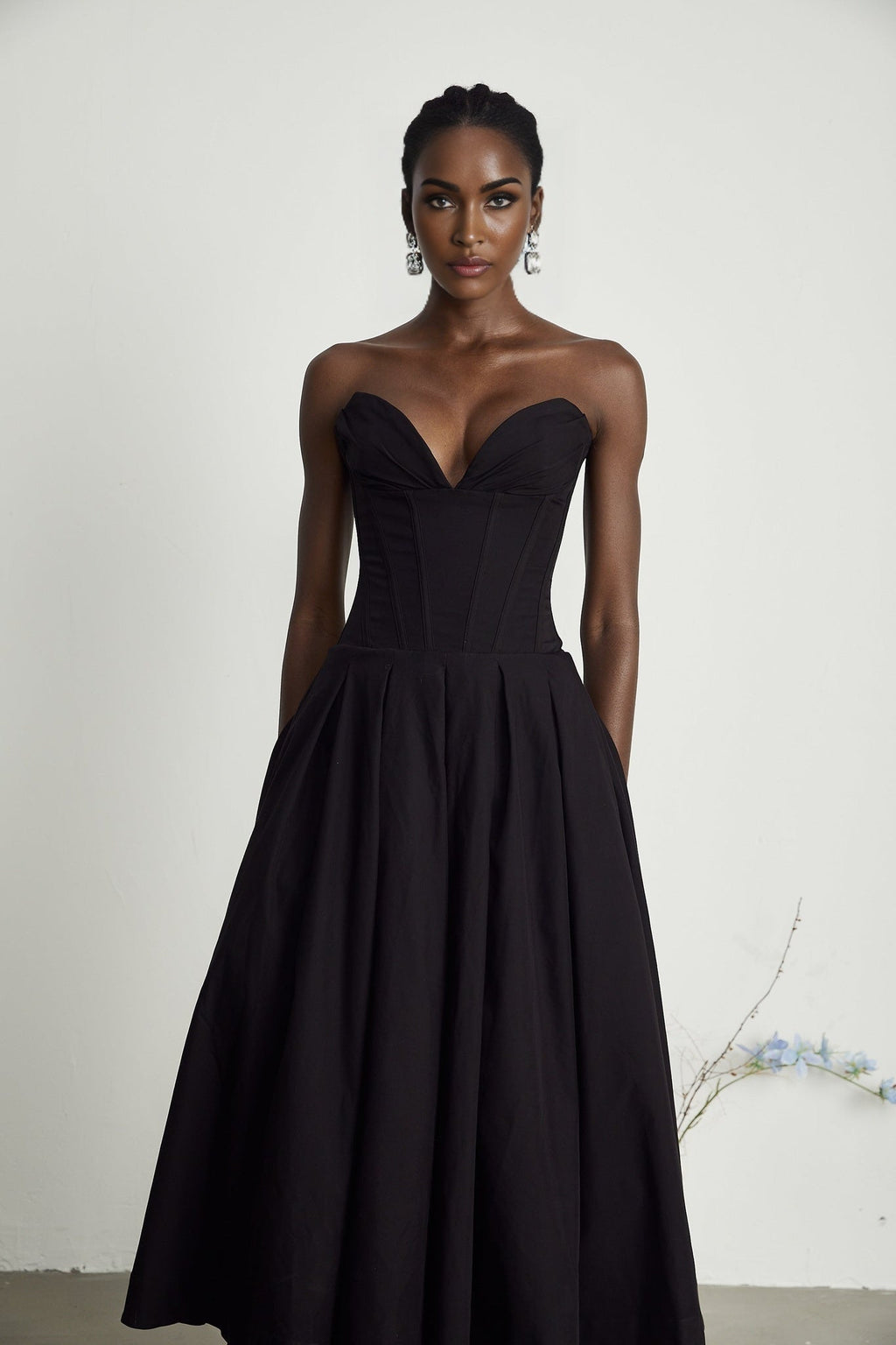 Freya Midi Dress - V - neck - Off - the - shoulder - Corset - style - Pleated Detailing