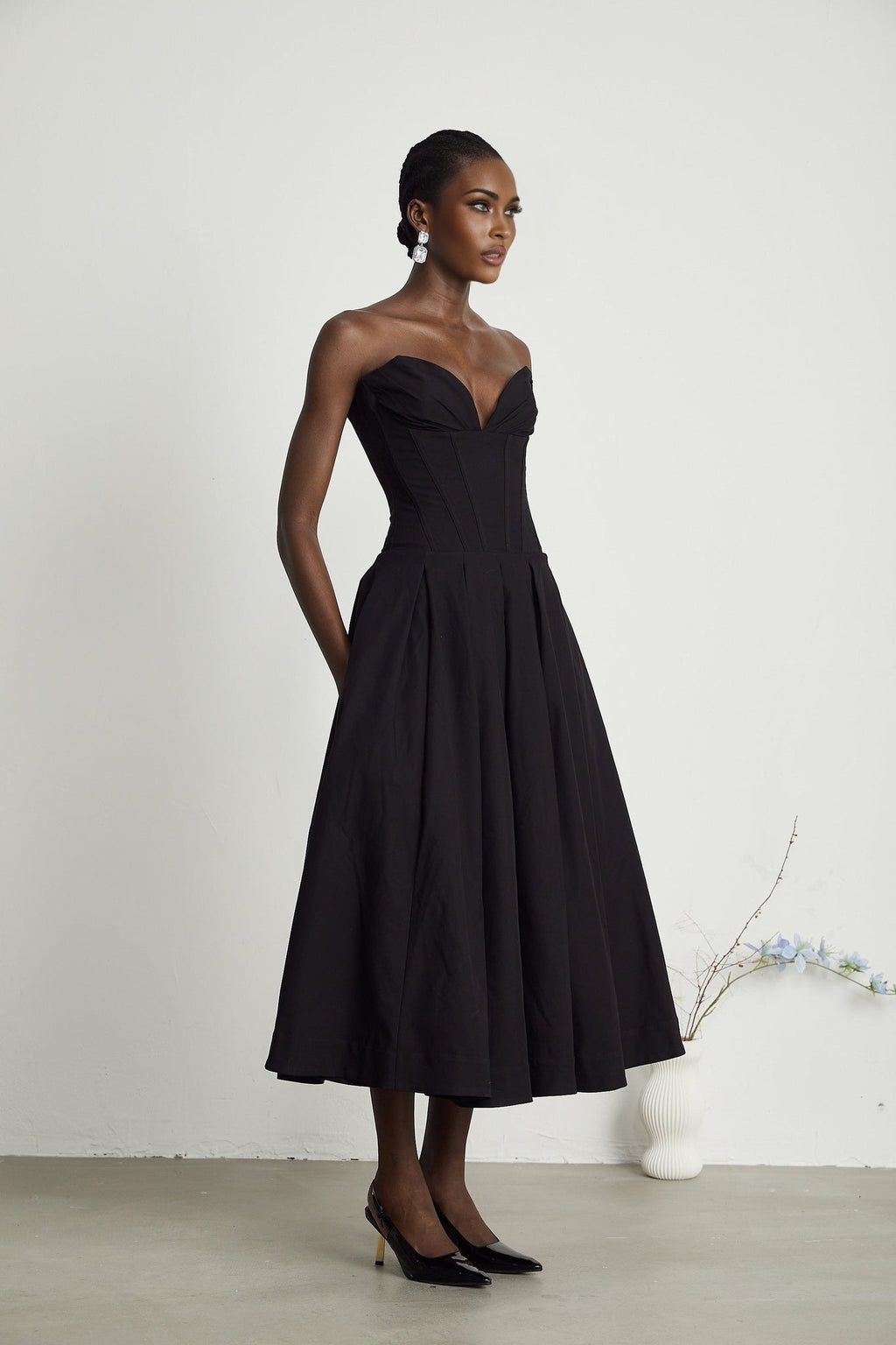Freya Midi Dress - V - neck - Off - the - shoulder - Corset - style - Pleated Detailing