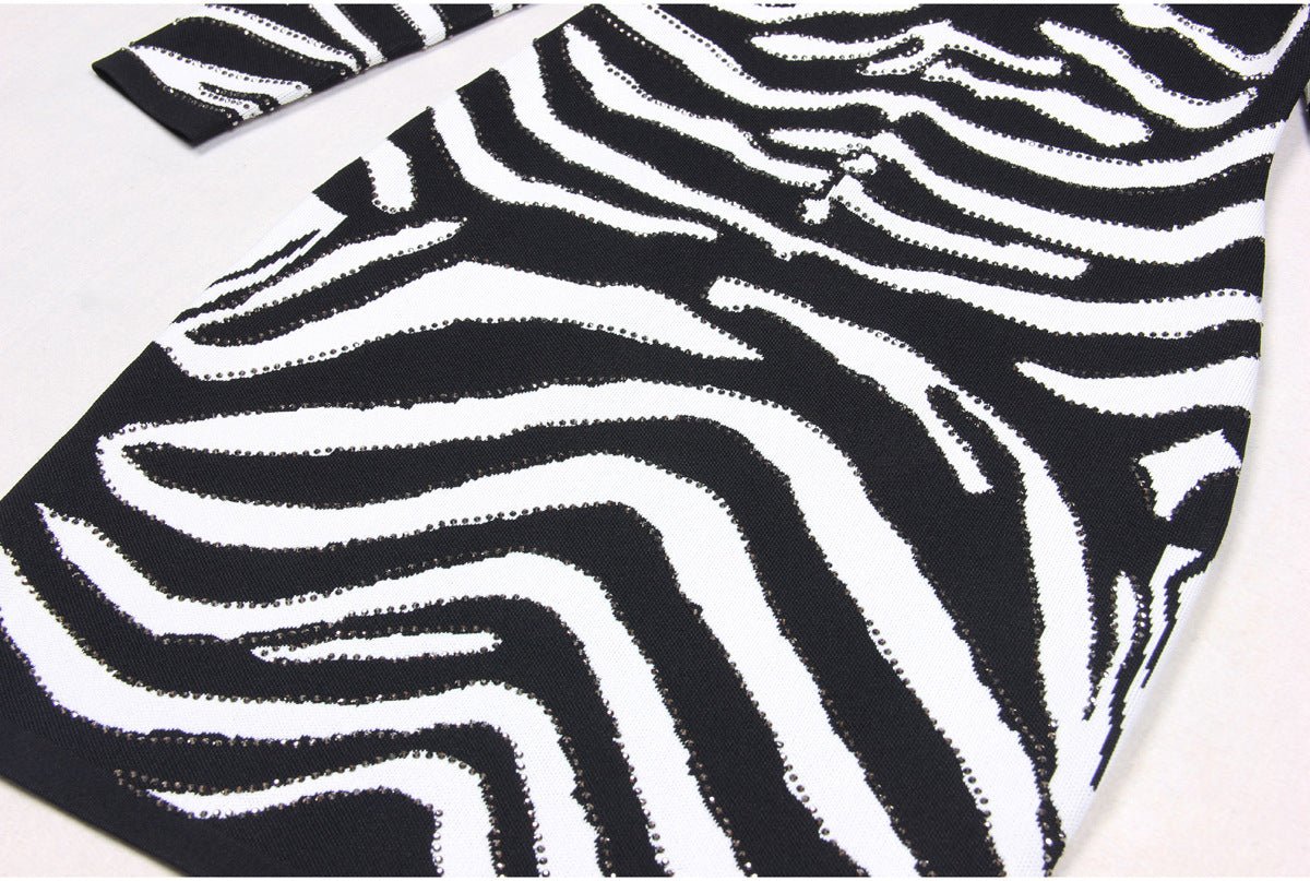 Freya Mini Dress - Bodycon Silhouette - Zebra Stripe Pattern - Long Sleeves - High Neckline - Bold Statement Piece