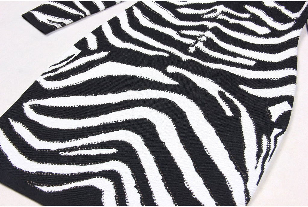 Freya Mini Dress - Bodycon Silhouette - Zebra Stripe Pattern - Long Sleeves - High Neckline - Bold Statement Piece
