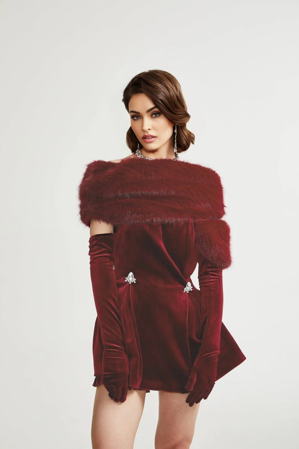 Freya Mini Dress - Four - Piece Suit Design - Strapless Style - Removable Faux - Fur Collar - Diamond Decoration