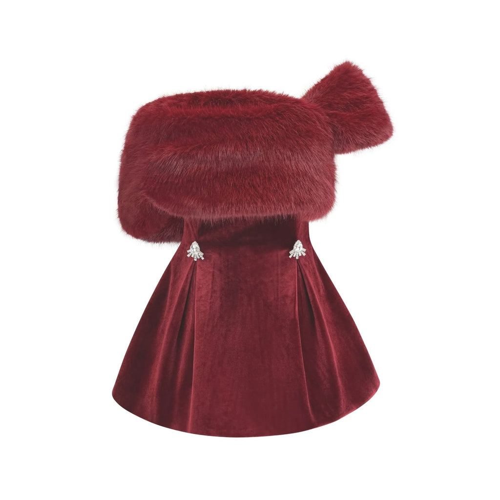 Freya Mini Dress - Four - Piece Suit Design - Strapless Style - Removable Faux - Fur Collar - Diamond Decoration
