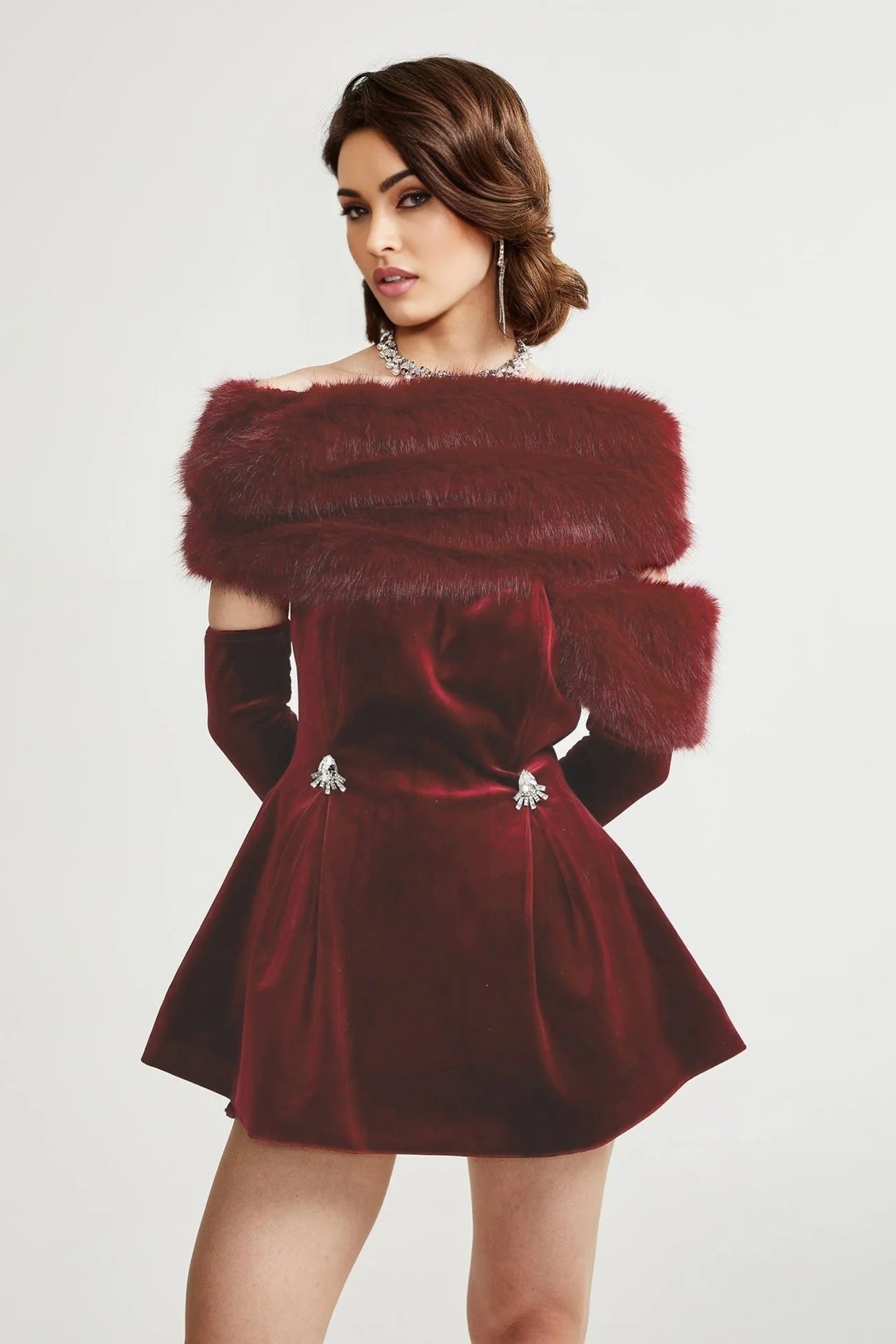 Freya Mini Dress - Four - Piece Suit Design - Strapless Style - Removable Faux - Fur Collar - Diamond Decoration