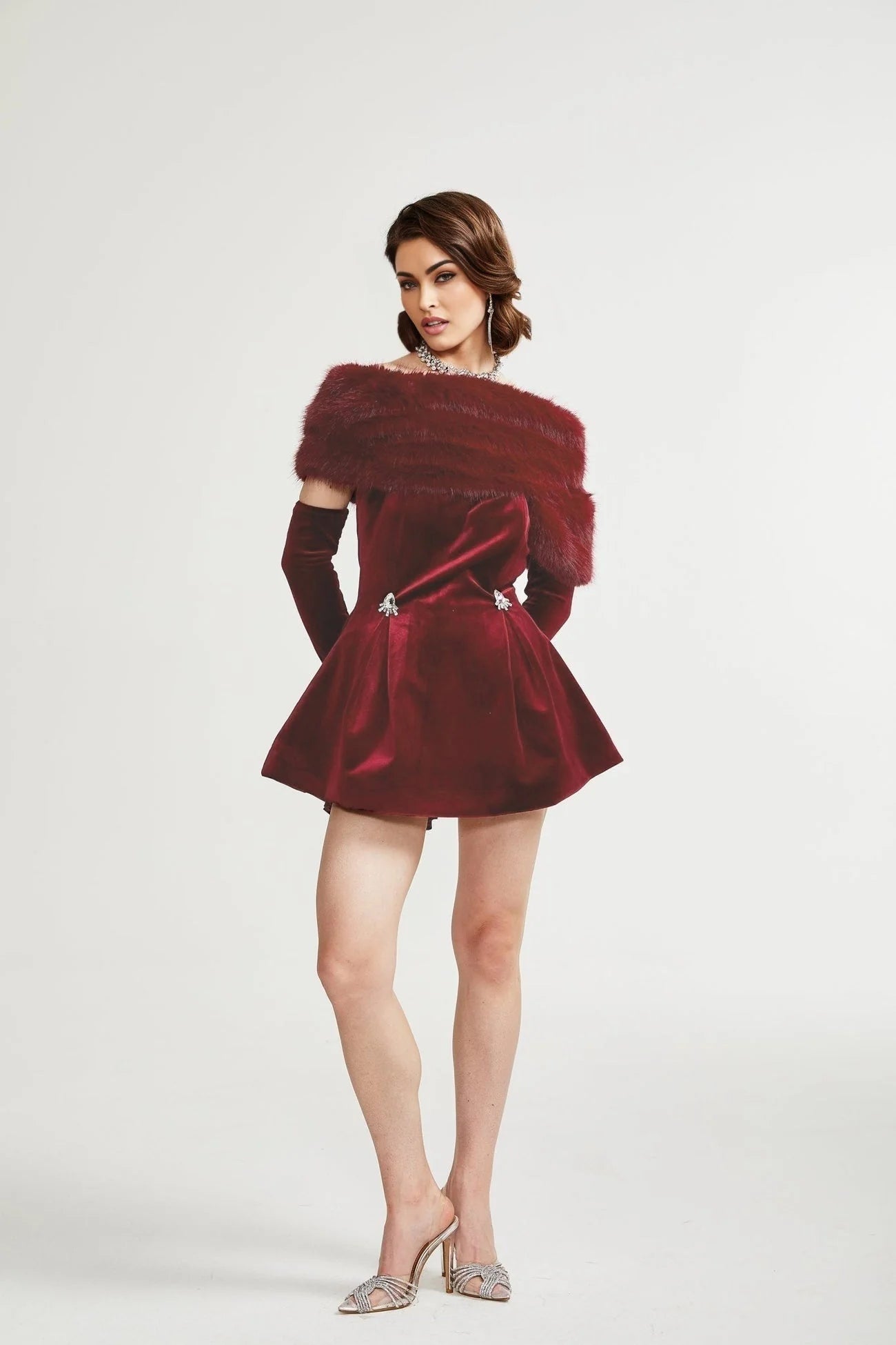 Freya Mini Dress - Four - Piece Suit Design - Strapless Style - Removable Faux - Fur Collar - Diamond Decoration