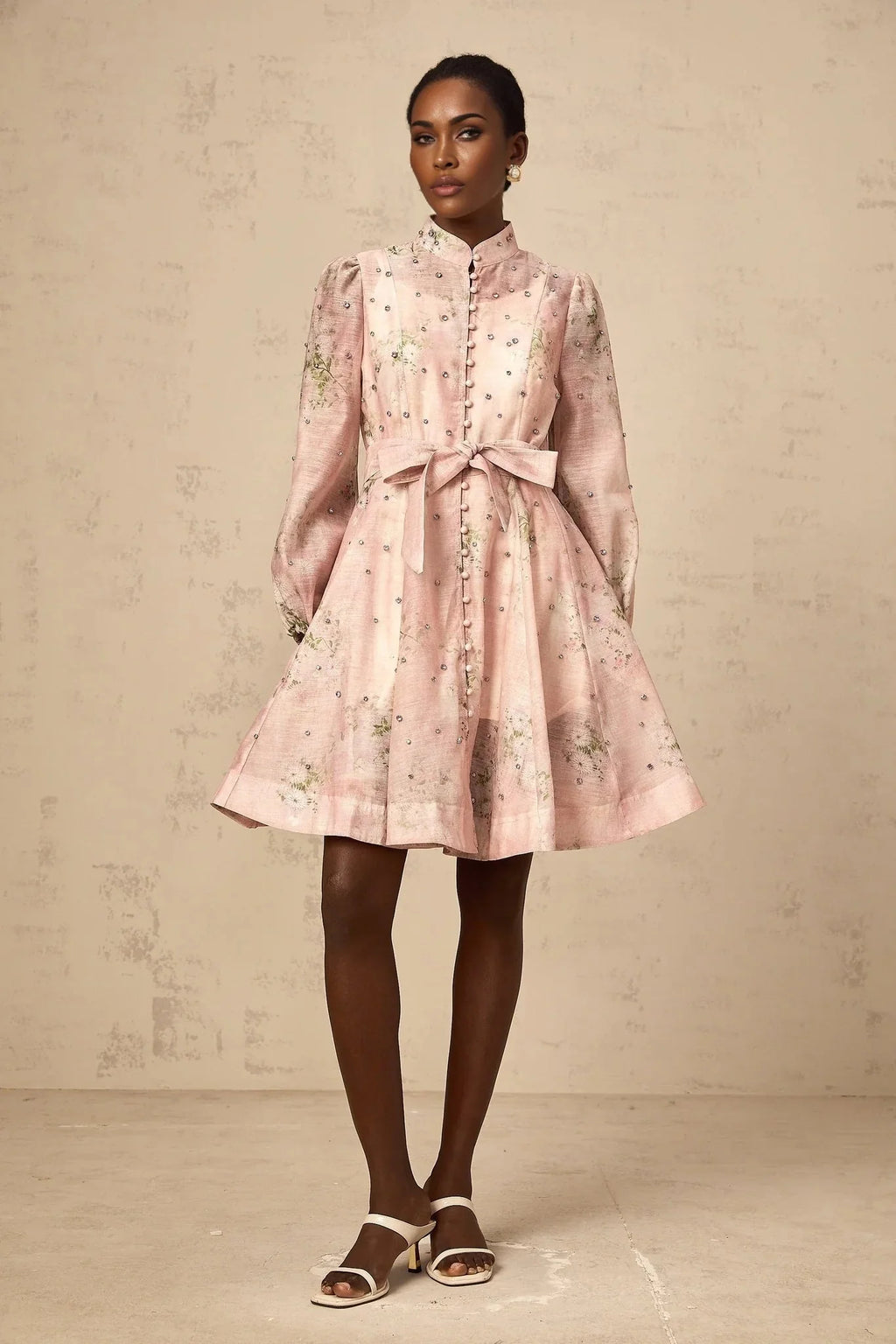 Freya Mini Dress Pink Floral Crystal Embellished