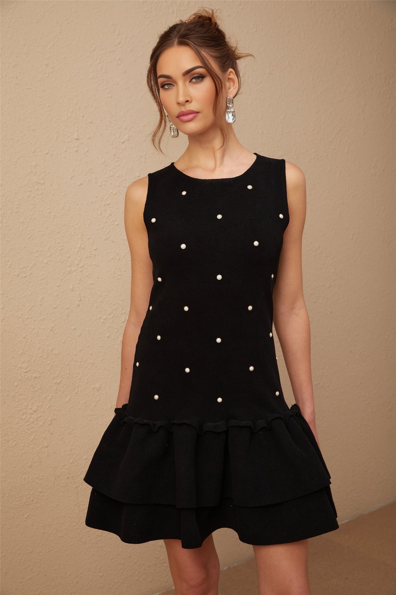 Freya Mini Dress - Sleeveless Scoop Neck - Textured Knit - Stretch Design - Bead Embellishment - Peplum Hem