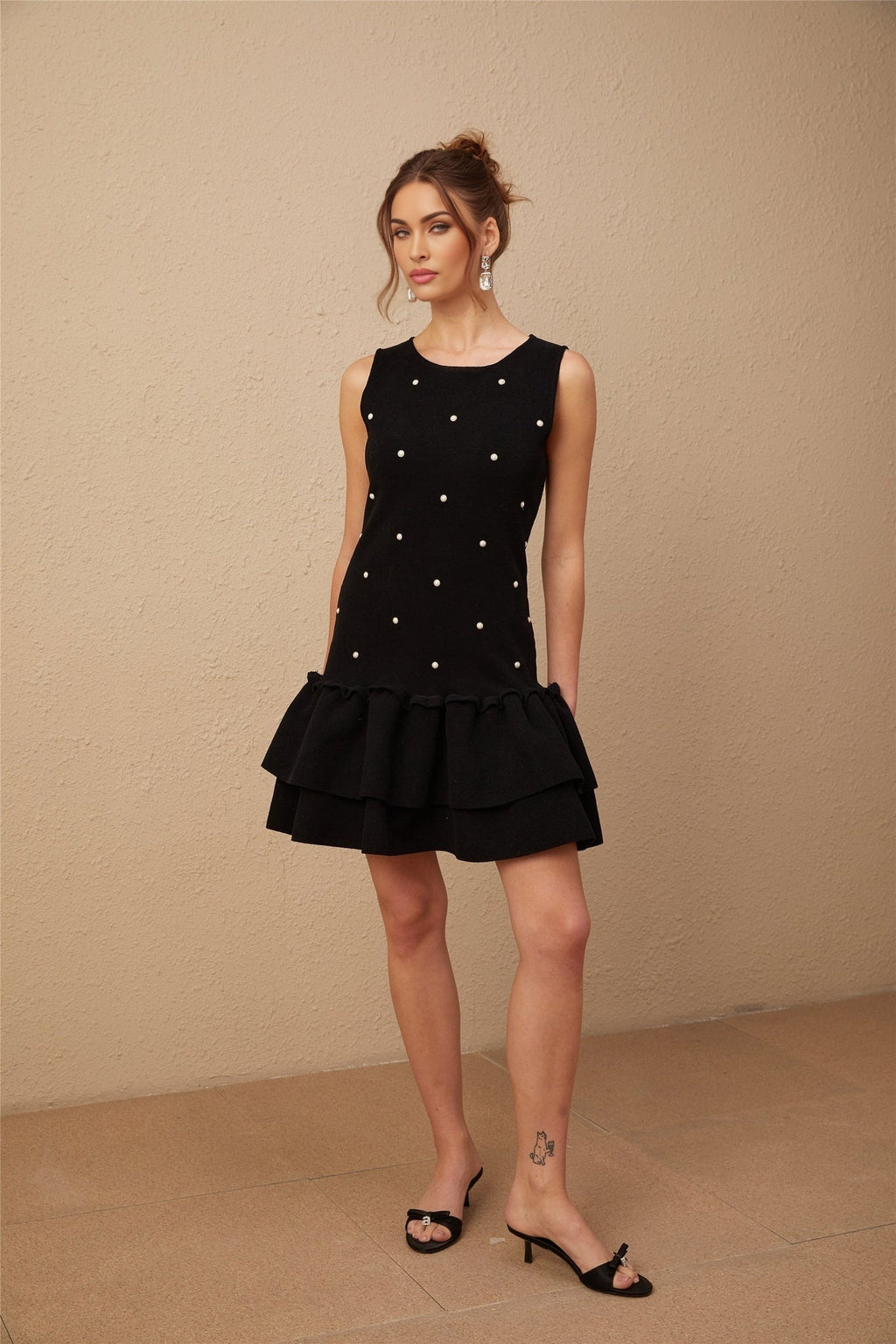 Freya Mini Dress - Sleeveless Scoop Neck - Textured Knit - Stretch Design - Bead Embellishment - Peplum Hem