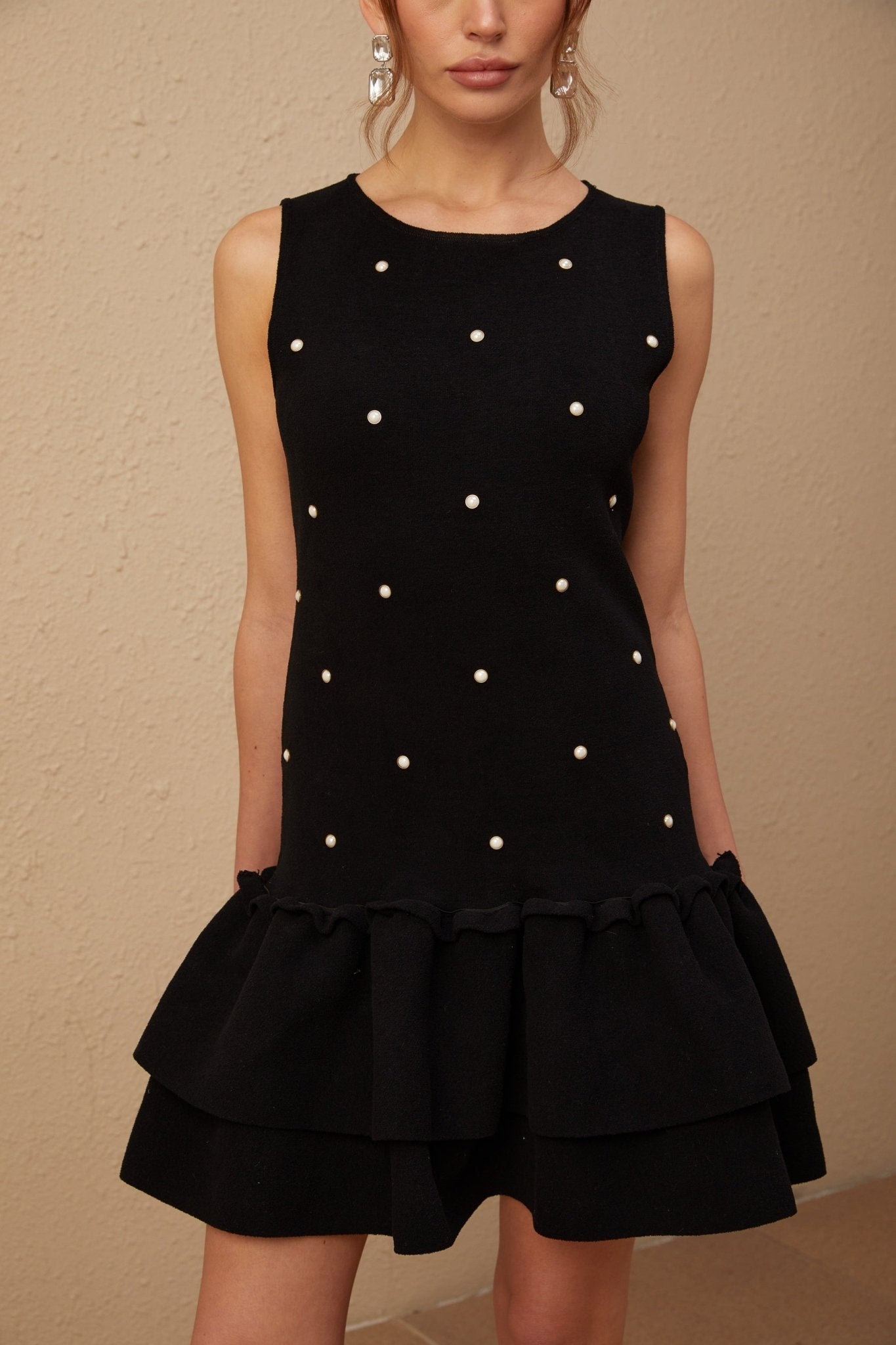 Freya Mini Dress - Sleeveless Scoop Neck - Textured Knit - Stretch Design - Bead Embellishment - Peplum Hem
