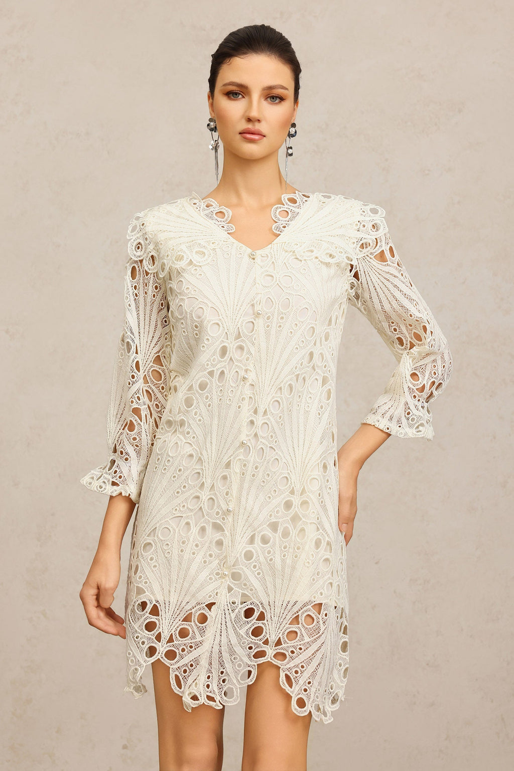 Gabriela Beige Lace V-Neck Elbow Sleeve Floral Dress