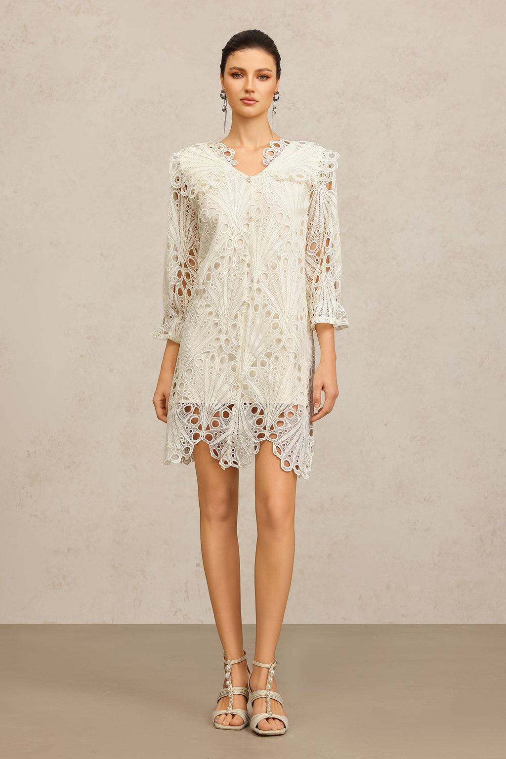 Gabriela Beige Lace V-Neck Elbow Sleeve Floral Dress