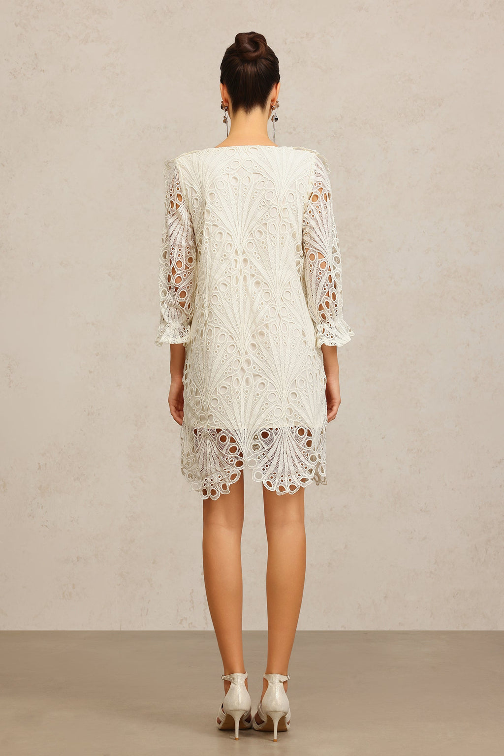 Gabriela Beige Lace V-Neck Elbow Sleeve Floral Dress