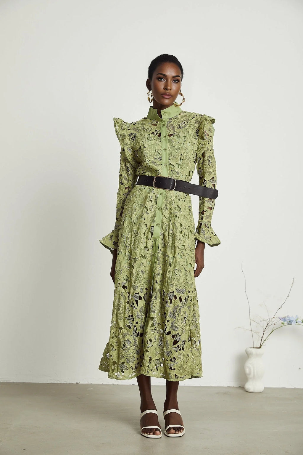 Gabriela Floral Midi Dress - Crew Neck - Long - Sleeved - Elegant Embroidery - Belted Waist