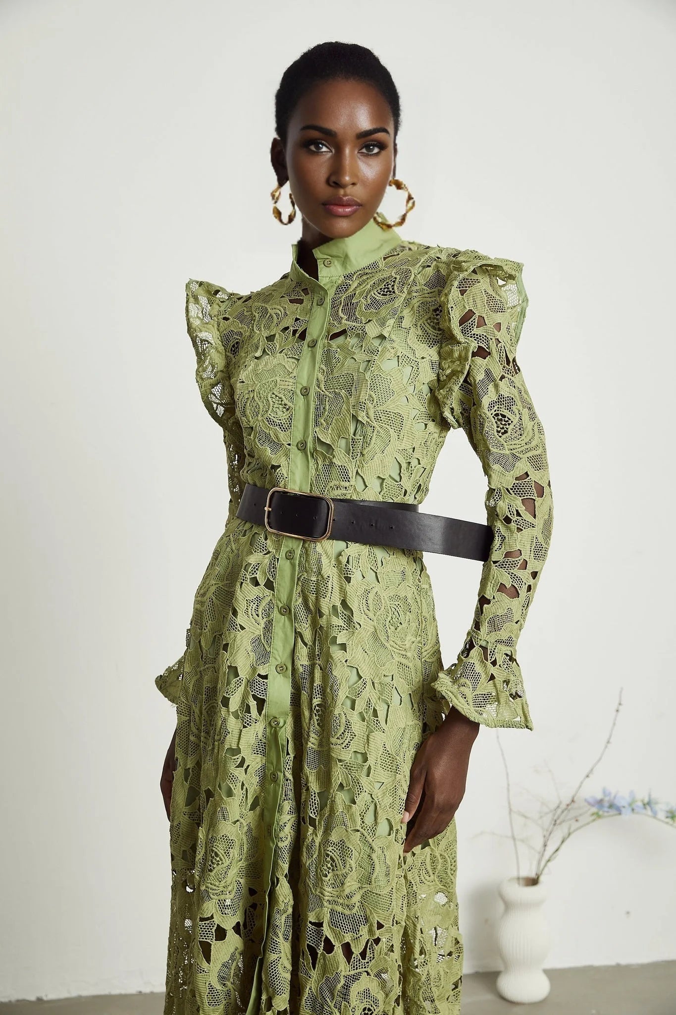 Gabriela Floral Midi Dress - Crew Neck - Long - Sleeved - Elegant Embroidery - Belted Waist