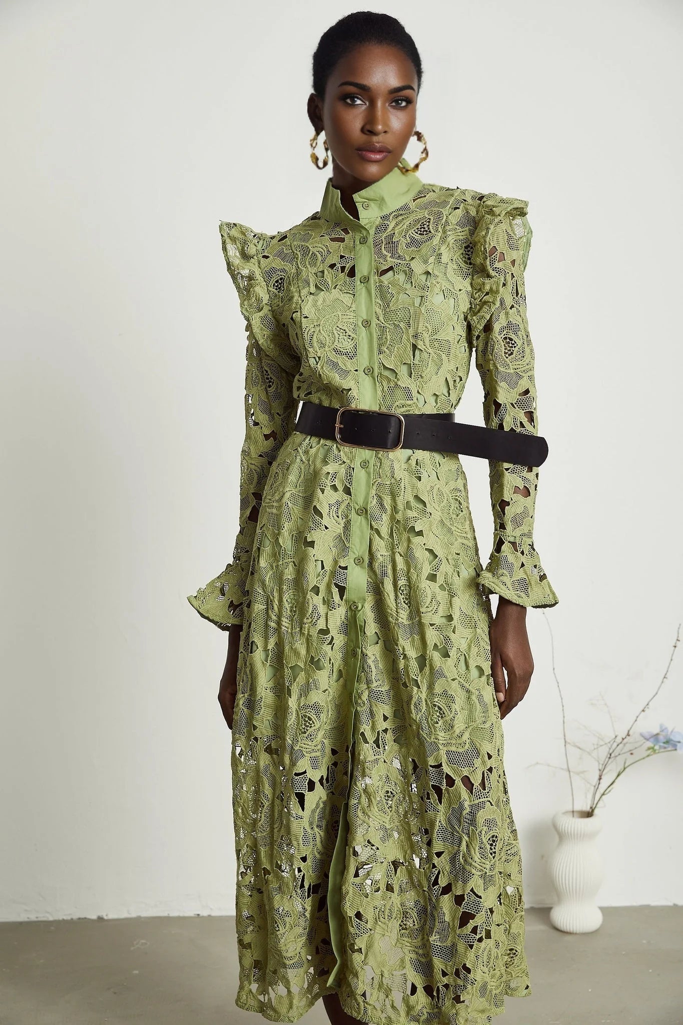 Gabriela Floral Midi Dress - Crew Neck - Long - Sleeved - Elegant Embroidery - Belted Waist
