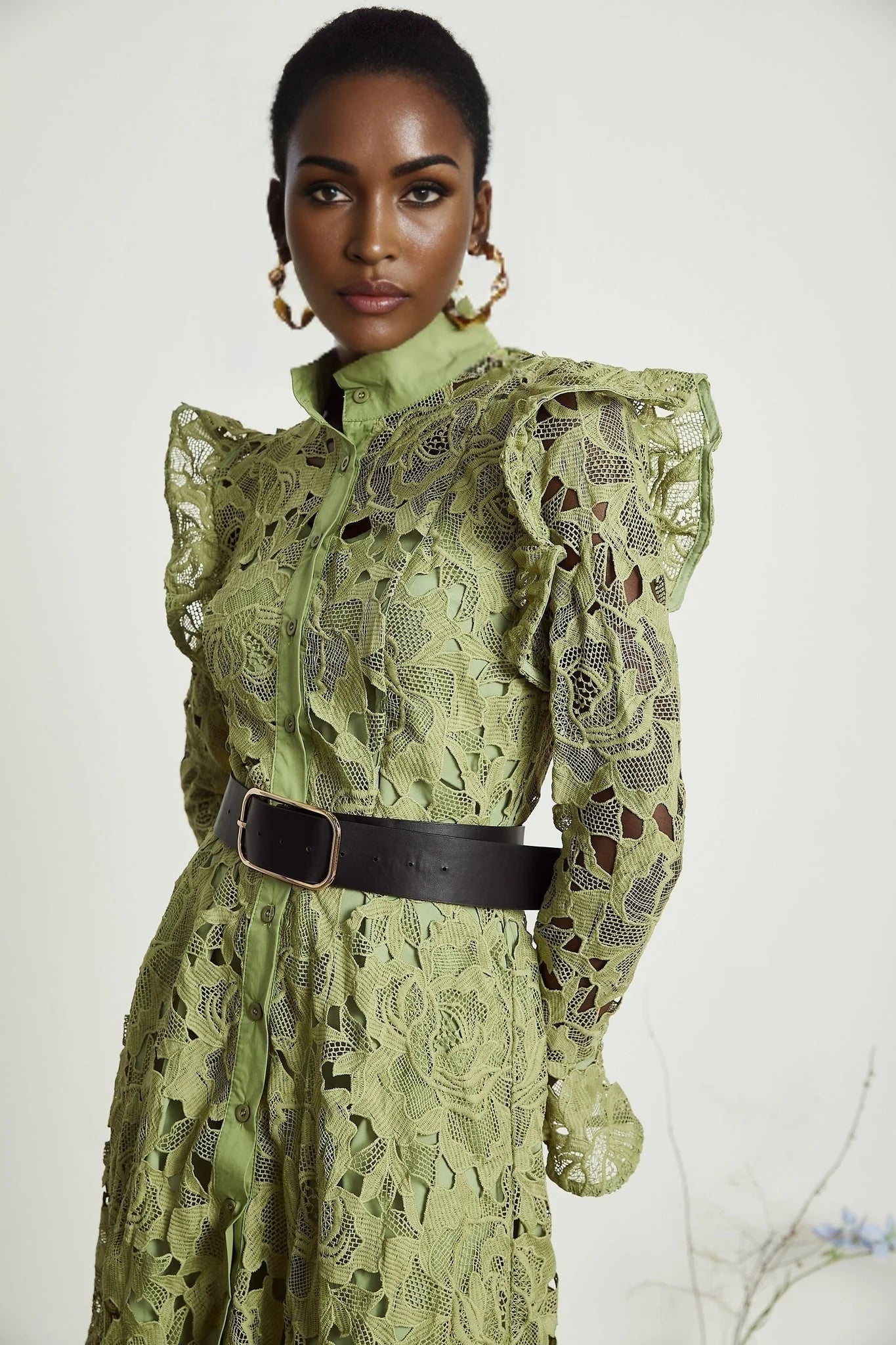 Gabriela Floral Midi Dress - Crew Neck - Long - Sleeved - Elegant Embroidery - Belted Waist