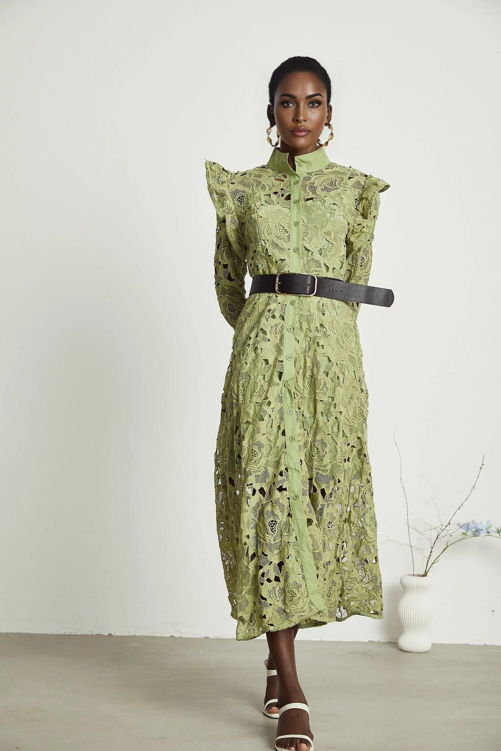 Gabriela Floral Midi Dress - Crew Neck - Long - Sleeved - Elegant Embroidery - Belted Waist