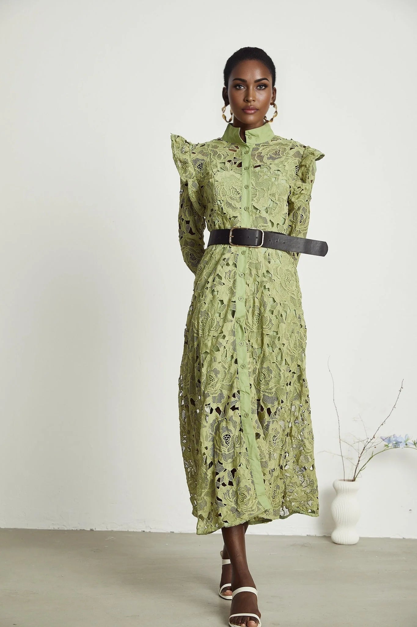 Gabriela Floral Midi Dress - Crew Neck - Long - Sleeved - Elegant Embroidery - Belted Waist