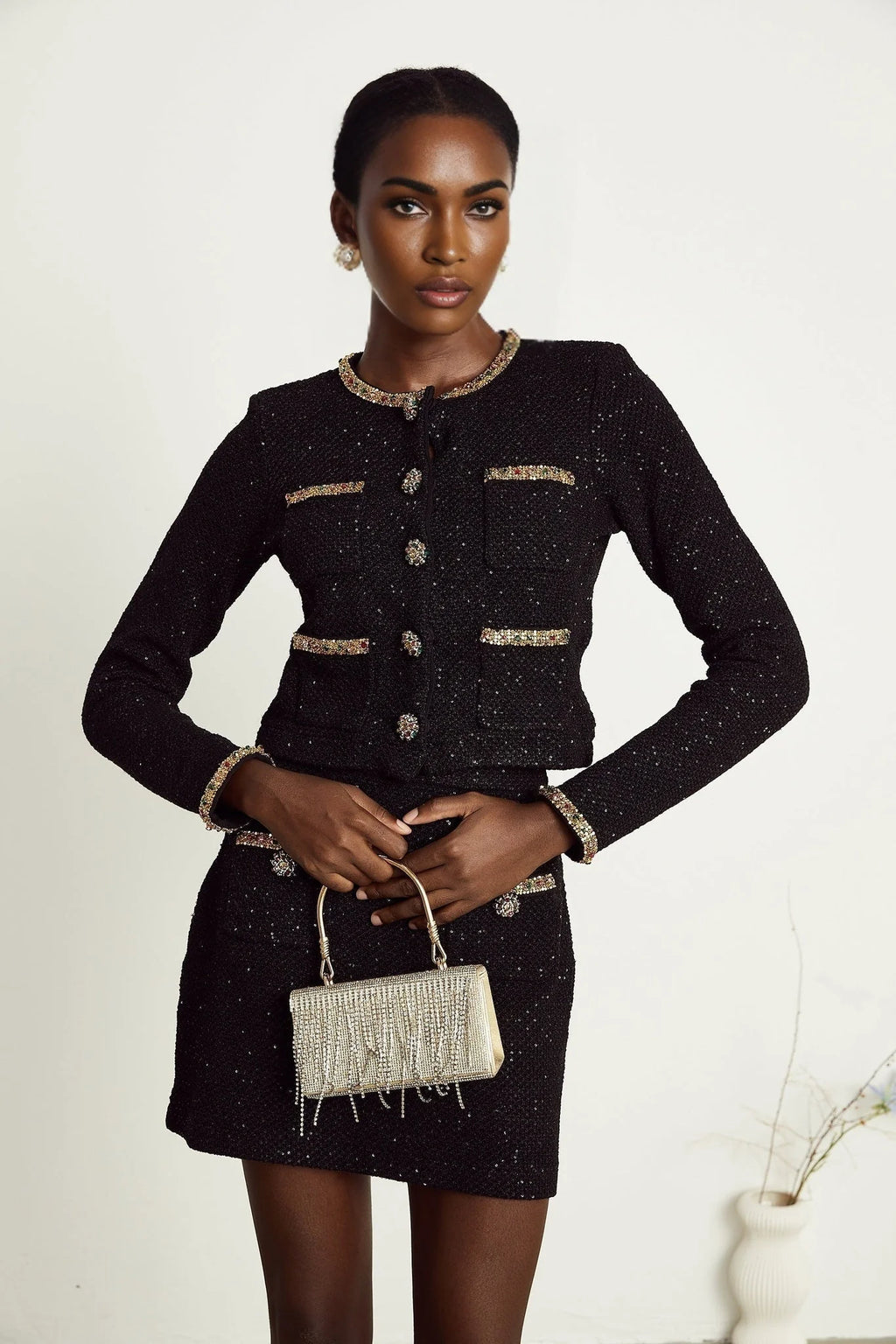 Gabriela Jacket & Skirt - Sequin & Crystal Embellishments - Embossed Buttons - Cropped Style