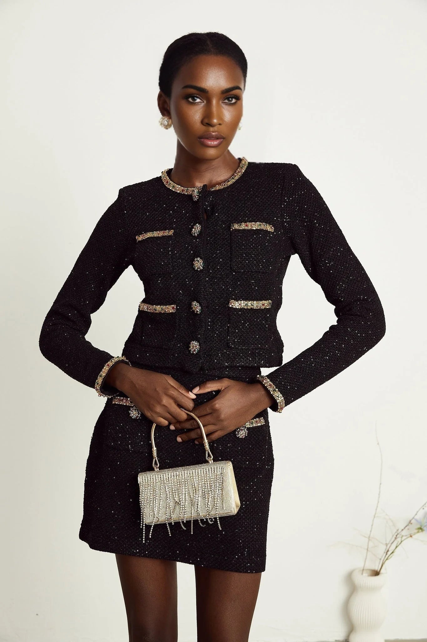 Gabriela Jacket & Skirt - Sequin & Crystal Embellishments - Embossed Buttons - Cropped Style