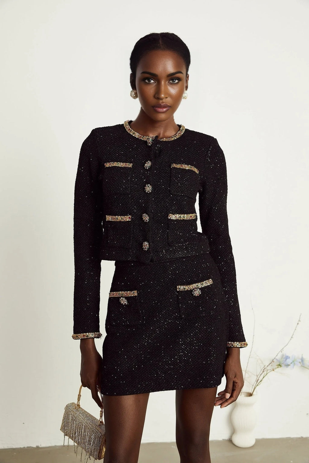 Gabriela Jacket & Skirt - Sequin & Crystal Embellishments - Embossed Buttons - Cropped Style