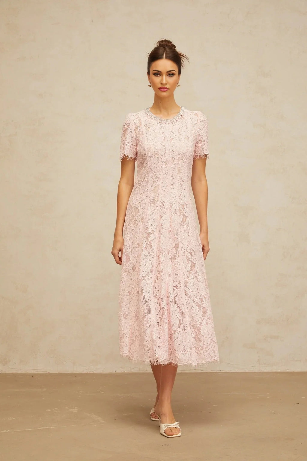 Gabriela Midi Dress Pink Crystal Floral Lace Frayed Calf Length