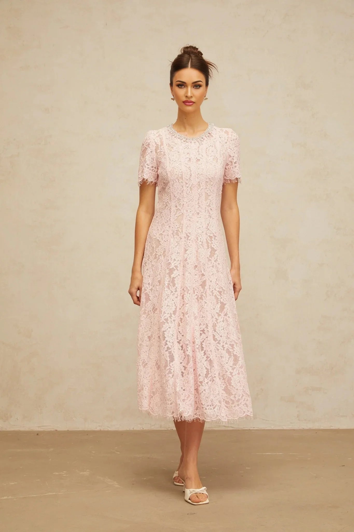 Gabriela Midi Dress Pink Crystal Floral Lace Frayed Calf Length