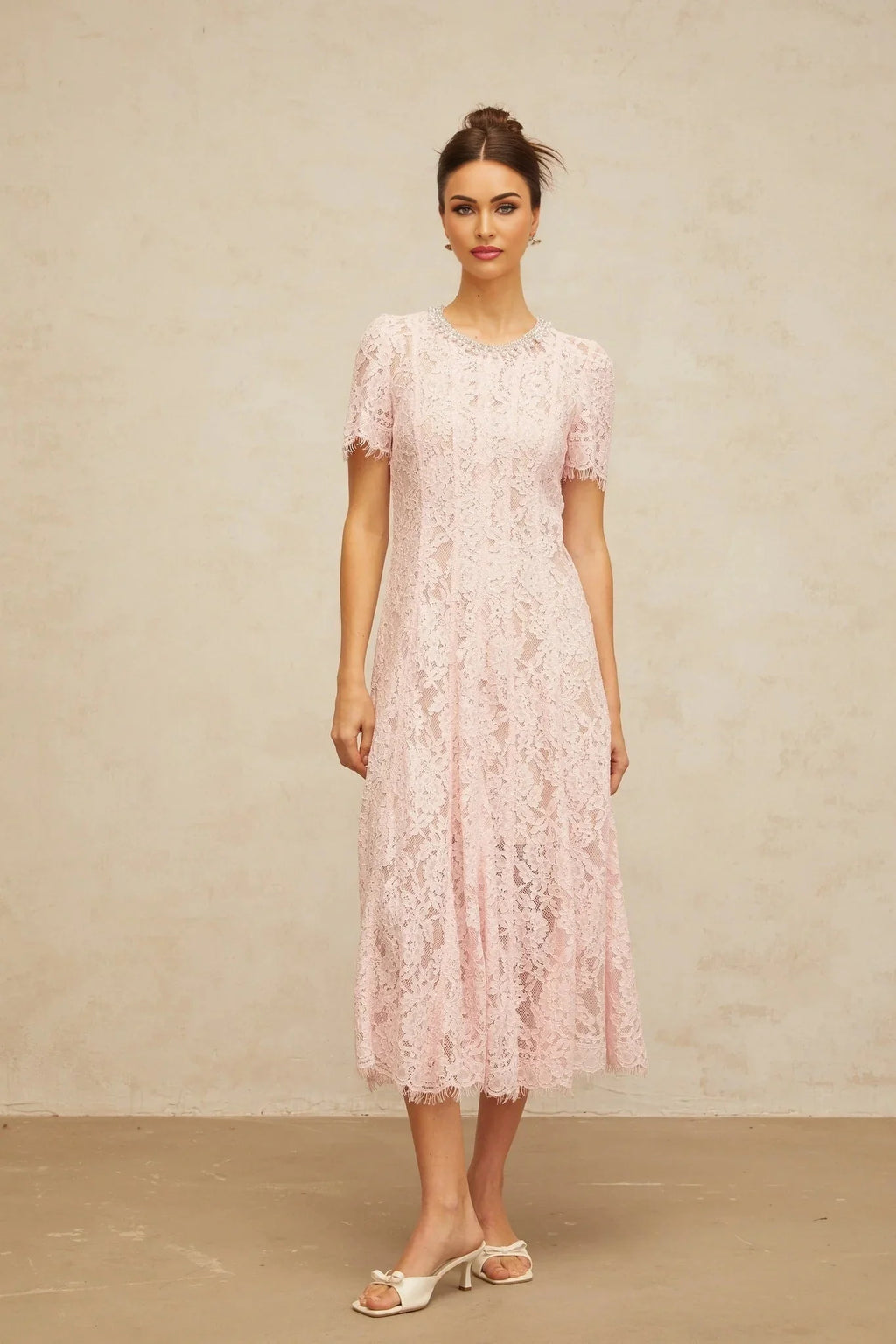 Gabriela Midi Dress Pink Crystal Floral Lace Frayed Calf Length