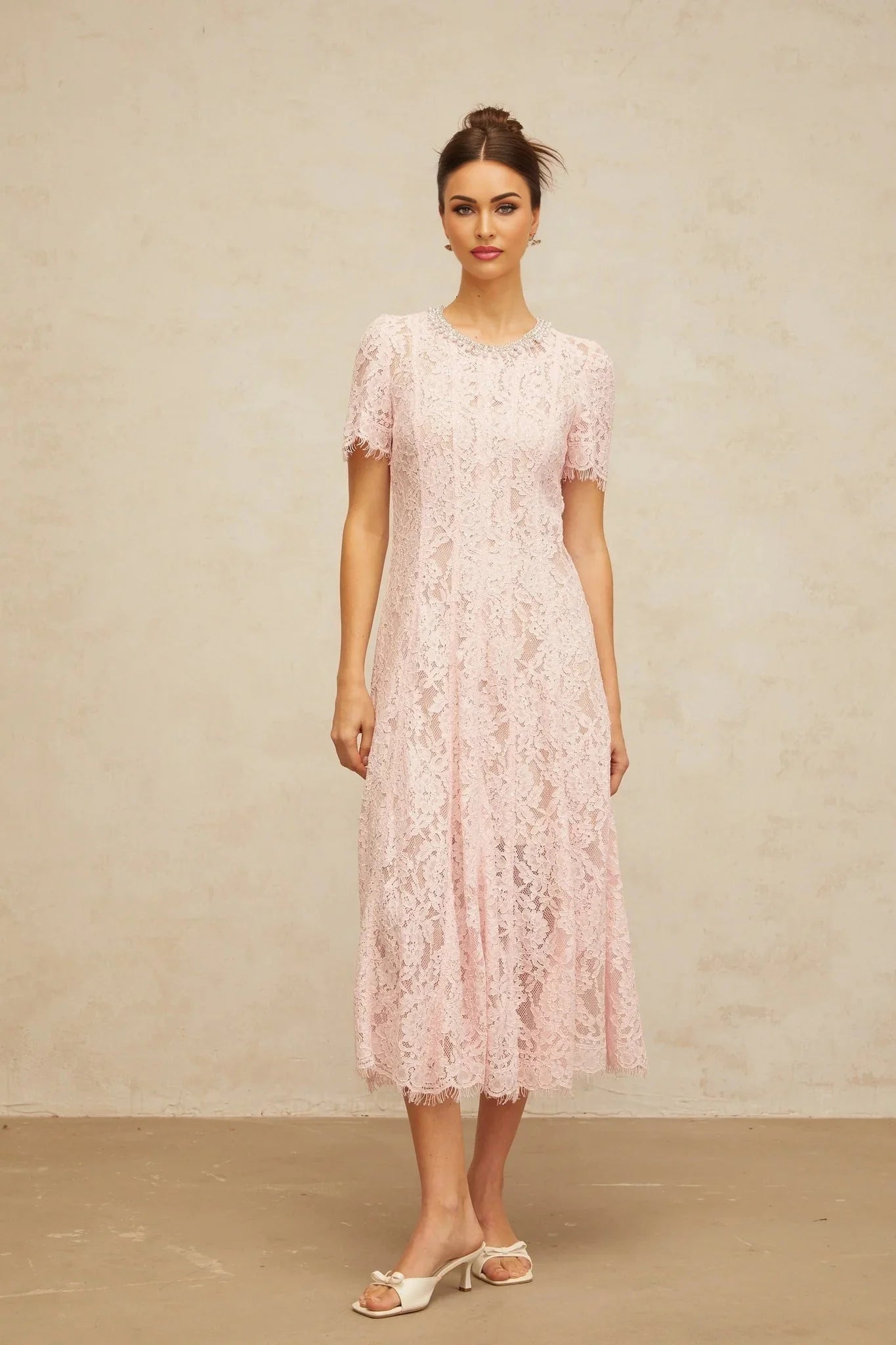 Gabriela Midi Dress Pink Crystal Floral Lace Frayed Calf Length