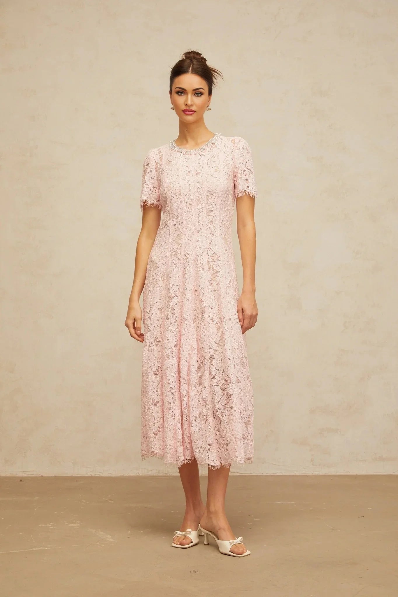 Gabriela Midi Dress Pink Crystal Floral Lace Frayed Calf Length