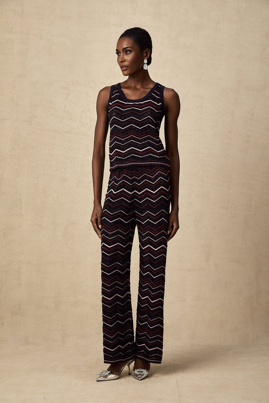 Gabriela Top & Trousers - Sleeveless Round Neck Crochet Knit Zigzag Design Elasticated Waistband Wide Leg Straight Hem