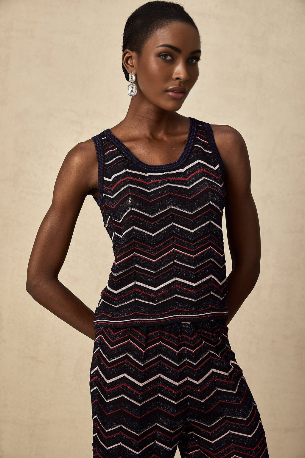Gabriela Top & Trousers - Sleeveless Round Neck Crochet Knit Zigzag Design Elasticated Waistband Wide Leg Straight Hem